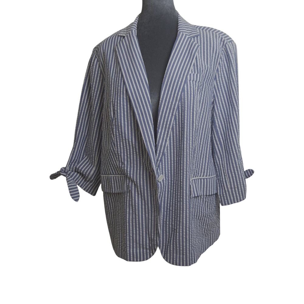 ELLE Seersucker Blazer Women XXL Blue White Stripe Tie Sleeve Nautical Jacket - Picture 3 of 12